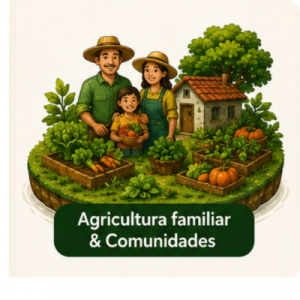 Ilustração da ilha Agricultura Familiar e Comunidades: família de agricultores com caixas de hortaliças