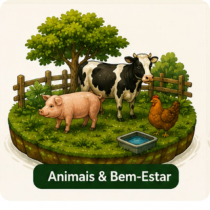 Ilustração da ilha Animais e Bem-Estar: vaca, porco e galinha em pastagem cercada