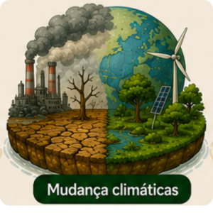 Ilustração da ilha Mudanças Climáticas: globo dividido entre solo rachado com chaminés e paisagem com energia limpa