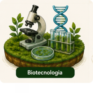 Ilustração da ilha Biotecnologia: microscópio, hélice de DNA e tubos de ensaio
