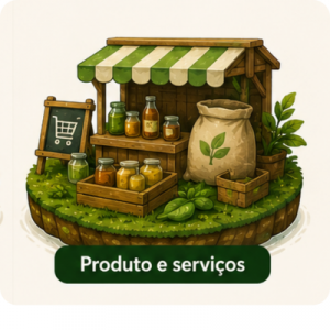 Ilustração da ilha Produtos e Serviços: banca de feira com conservas e sacas de grãos